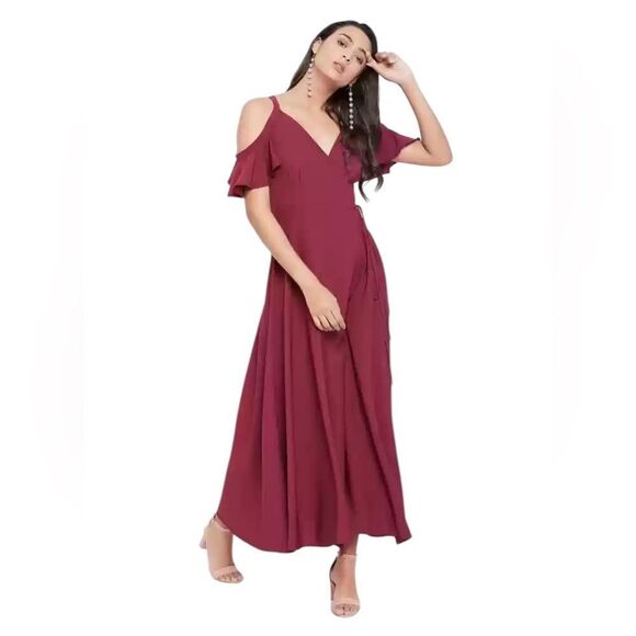 Aakaa Red Open Shoulder Back Neck Tassel Tie Maxi Wrap Dress Sz L - Picture 2 of 14